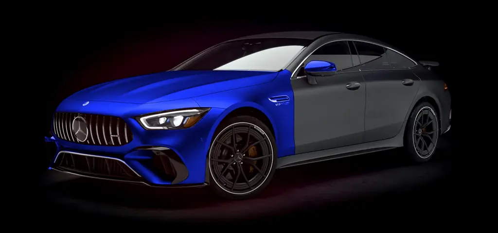 XPEL paint protection film coverage diagram showing full front bumper, hood, fenders and mirrors