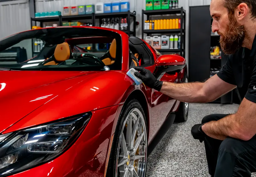 XPEL Fusion Plus ceramic coating being applied to a red Ferrari