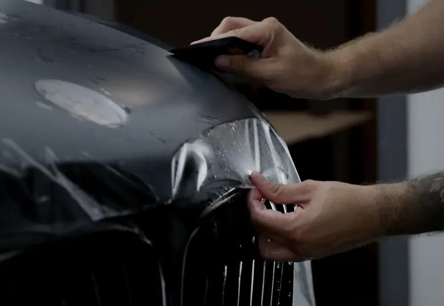 Paint protection film being laid over a car's hood