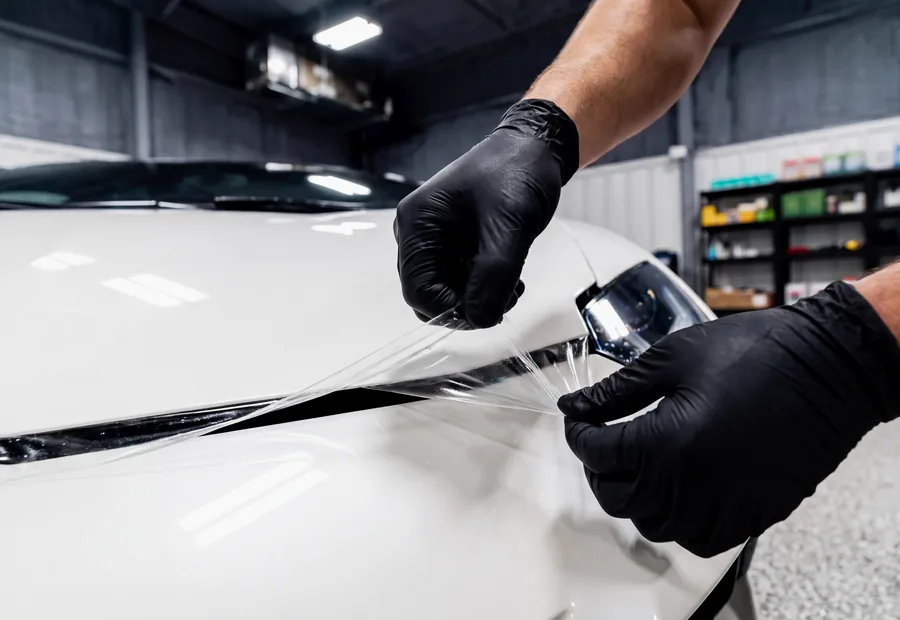 Aged paint protection film being peeled back from a white car