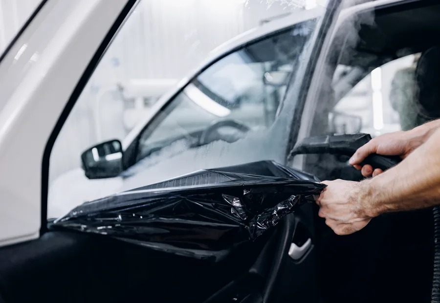 Failed window tint being steamed off a car door window