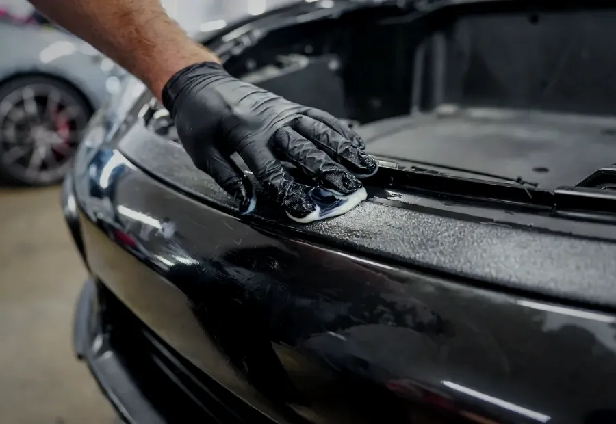 A gloved hand dressing the black exterior trim on a car