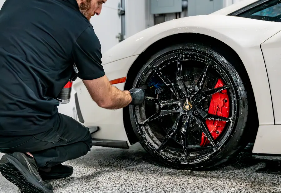 A Lamborghini wheel and red brake caliper being cleaned